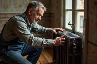 Homme en overalls polissant un radiateur ancien dans un appartement parisien