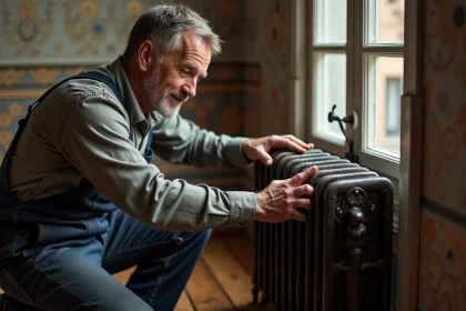 Homme en overalls polissant un radiateur ancien dans un appartement parisien