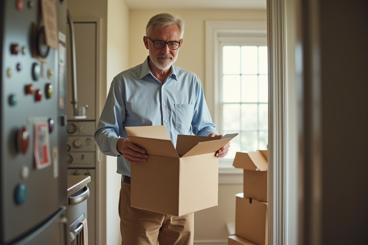 Homme scotchant une boîte dans une cuisine lumineuse