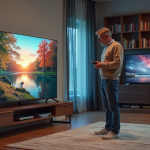 Homme comparant deux télévisions OLED et QLED dans un salon