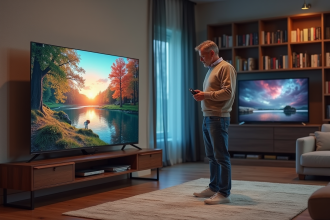 Homme comparant deux télévisions OLED et QLED dans un salon