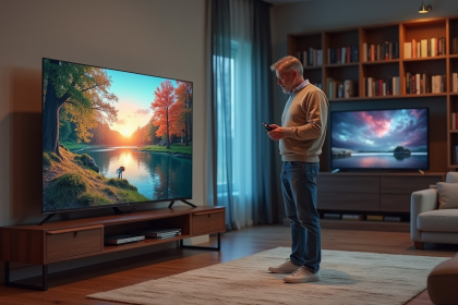 Homme comparant deux télévisions OLED et QLED dans un salon