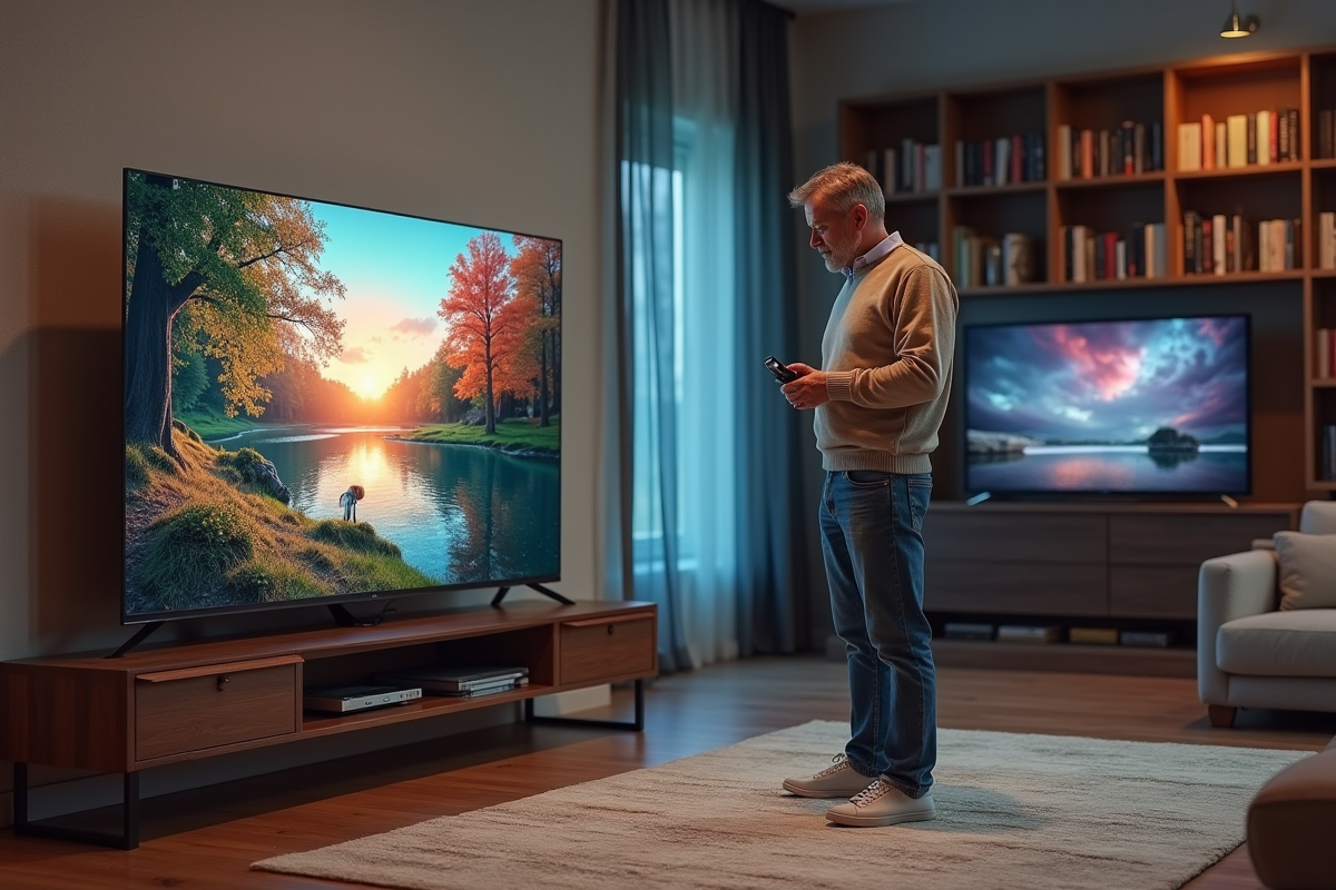 Homme comparant deux télévisions OLED et QLED dans un salon