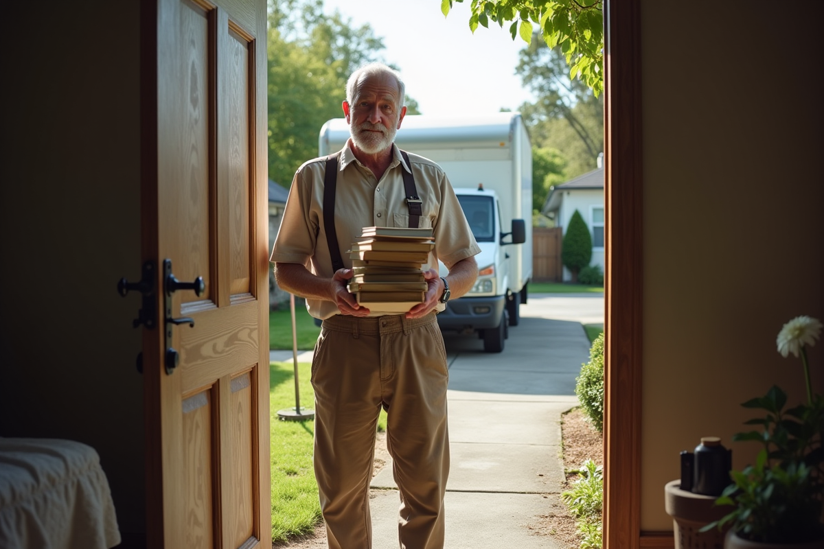Homme âgé tenant des livres devant une maison en déménagement