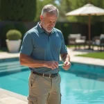 Homme testant l'eau de la piscine dans un jardin