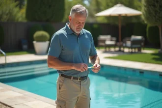 Homme testant l'eau de la piscine dans un jardin