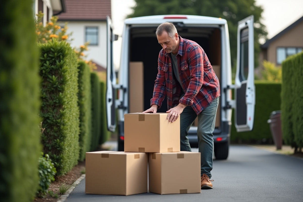 Homme sécurisant des cartons devant un van de déménagement
