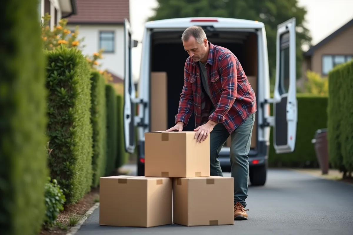 Homme sécurisant des cartons devant un van de déménagement