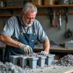 Homme en overalls verse des morceaux de plastique dans un moule en atelier