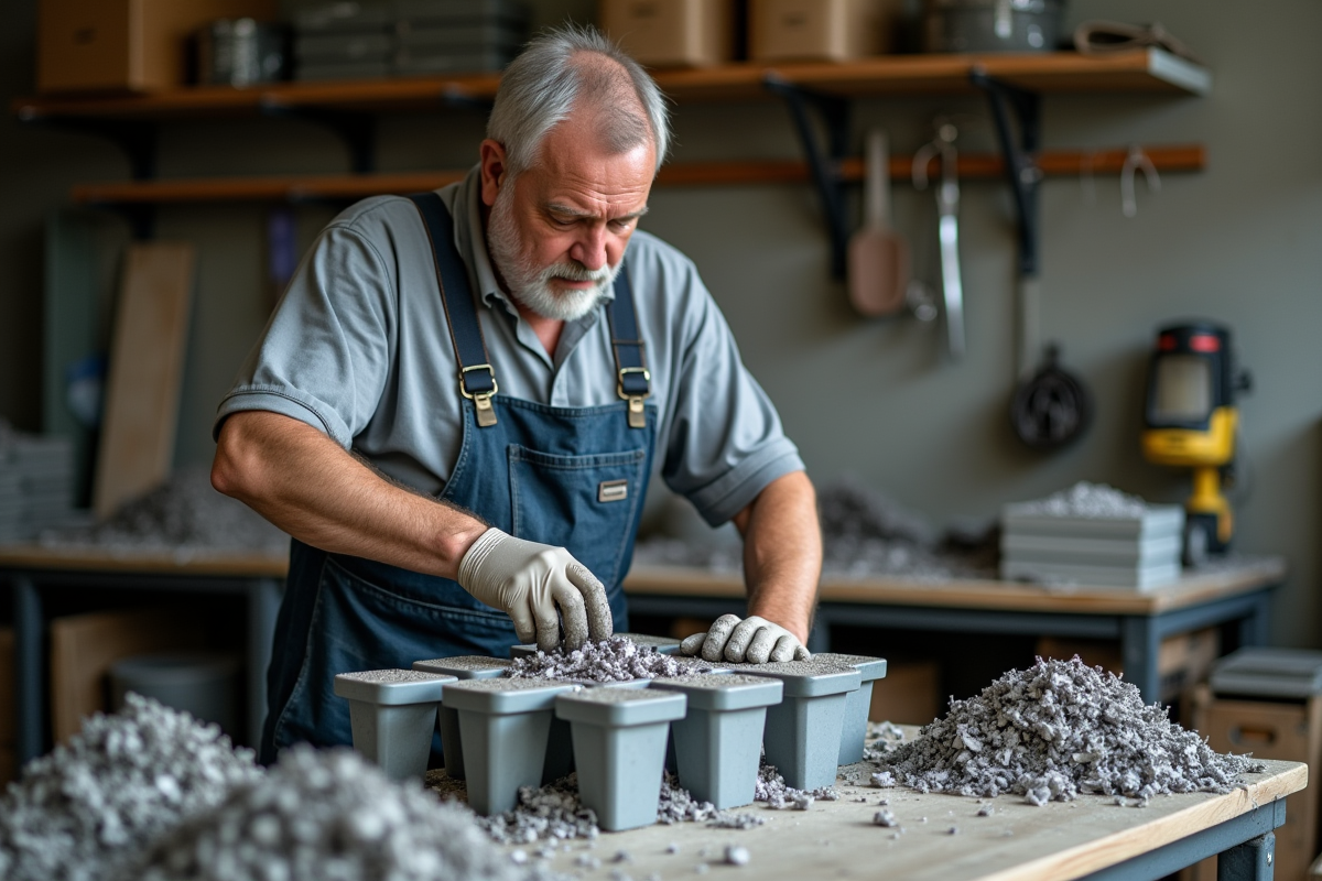 Homme en overalls verse des morceaux de plastique dans un moule en atelier