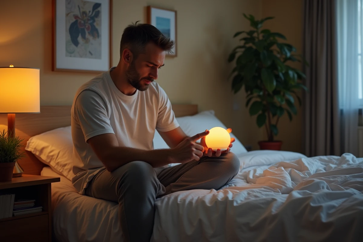 Homme d age moyen vérifiant une lampe de réveil intelligente