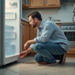 Homme d'âge moyen inspectant un frigo ouvert dans la cuisine