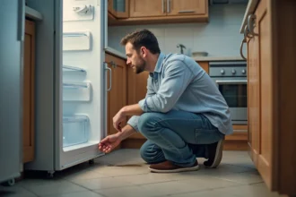Homme d'âge moyen inspectant un frigo ouvert dans la cuisine