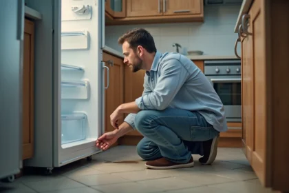 Homme d'âge moyen inspectant un frigo ouvert dans la cuisine