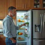 Homme d'âge moyen inspectant un réfrigérateur moderne dans la cuisine