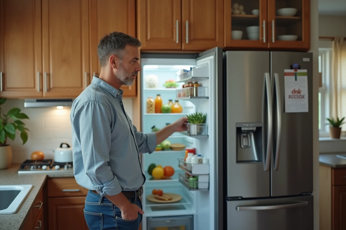Homme d'âge moyen inspectant un réfrigérateur moderne dans la cuisine