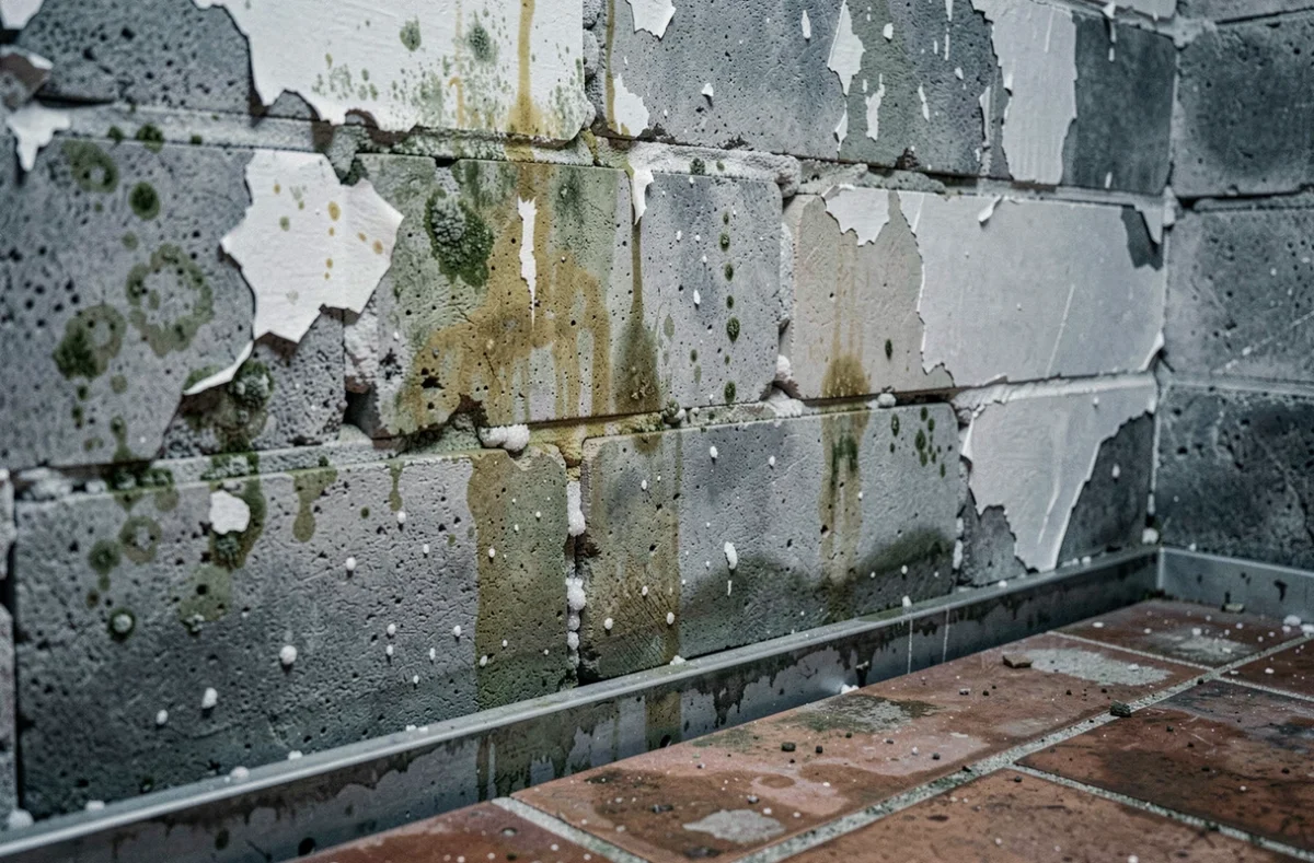 Détail d'un mur de sous-sol intérieur avec moisissures, taches d'humidité et peinture décollée