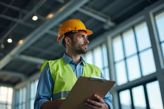 Inspecteur en sécurité vérifiant un plafond de bureau moderne