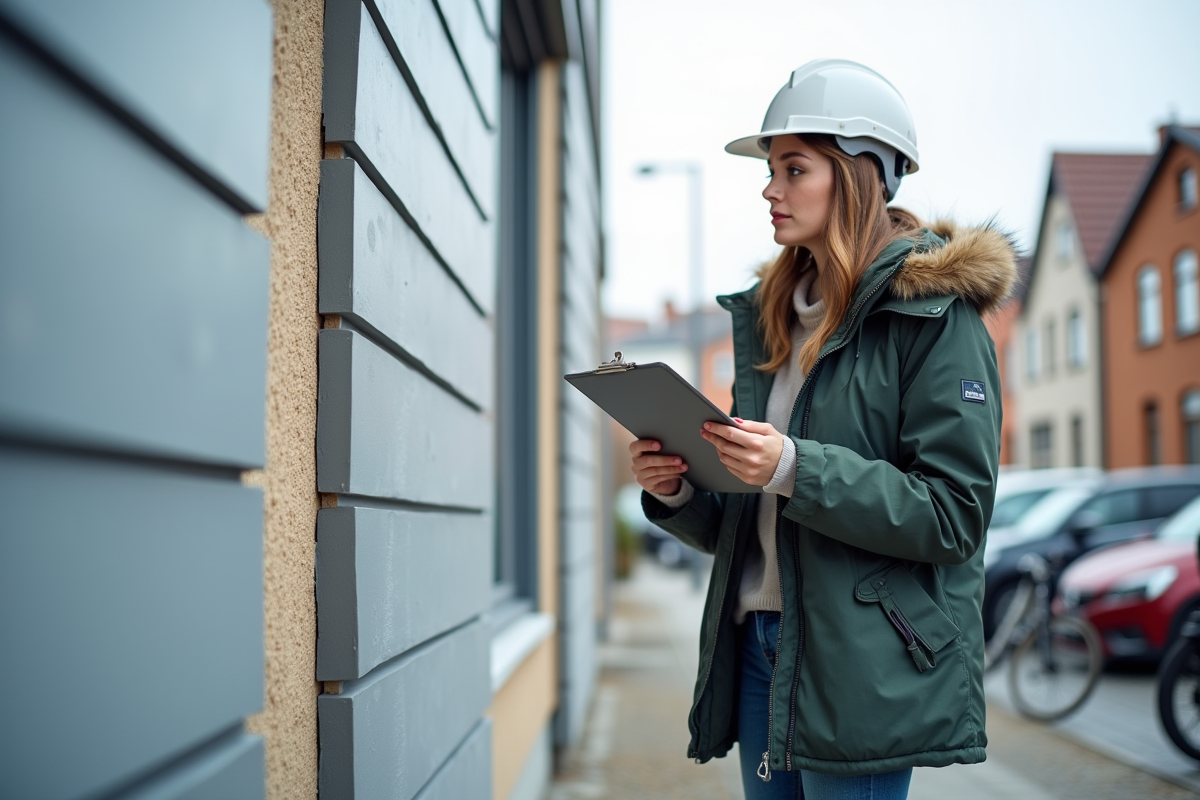 Jeune femme inspectant la facade isolée d