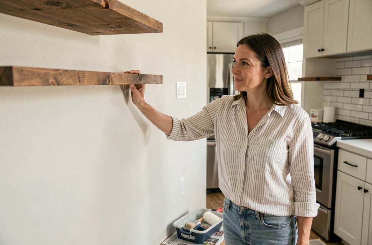 Femme inspectant la qualité d'une peinture murale blanche dans une cuisine rénovée à prix abordable