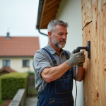 Homme en overalls posant des panneaux d'isolation sur un mur