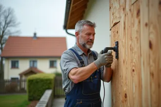 Homme en overalls posant des panneaux d'isolation sur un mur