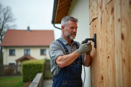 Homme en overalls posant des panneaux d'isolation sur un mur