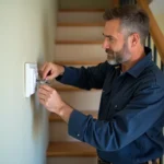Électricien installant un bouton poussoir Legrand dans la cage d'escalier d'une maison résidentielle