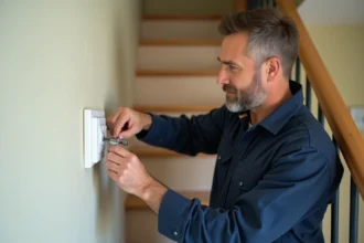 Électricien installant un bouton poussoir Legrand dans la cage d'escalier d'une maison résidentielle