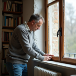 Homme d'âge moyen appliquant du ruban isolant sur une vieille fenêtre en bois dans un salon chaleureux