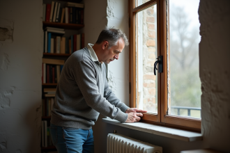 Homme d'âge moyen appliquant du ruban isolant sur une vieille fenêtre en bois dans un salon chaleureux