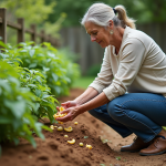 Femme jardinant compostant autour de plants de tomates