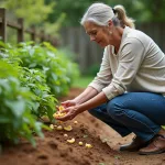 Femme jardinant compostant autour de plants de tomates