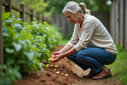 Femme jardinant compostant autour de plants de tomates