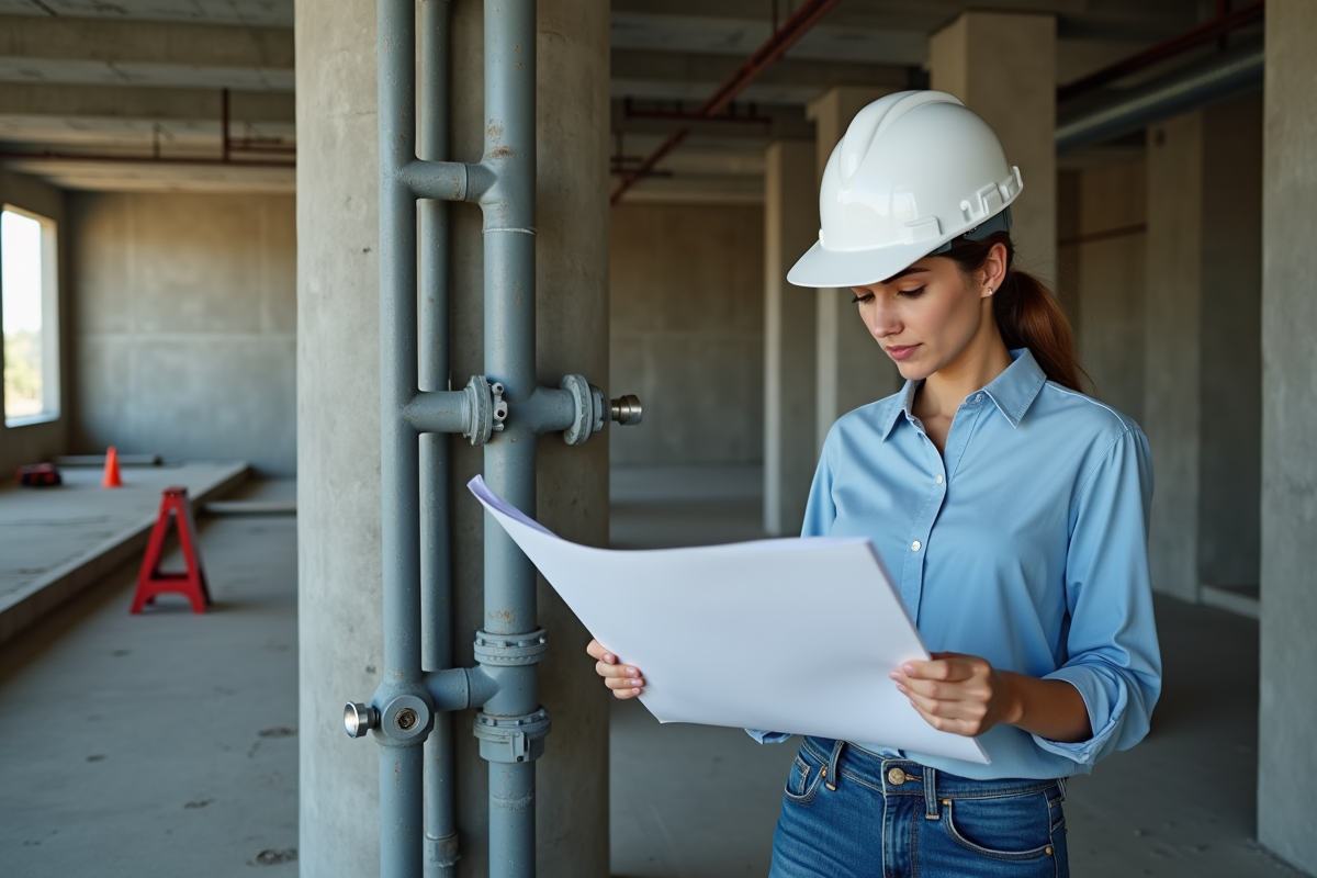 Jeune femme ingénieur vérifie des plans de plomberie dans un bâtiment