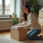 Jeune femme emballant des livres dans une box à la maison
