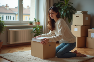 Jeune femme emballant des livres dans une box à la maison