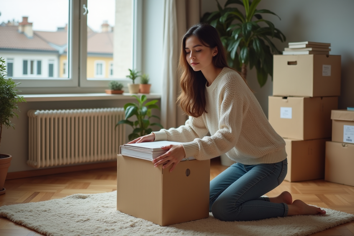 Jeune femme emballant des livres dans une box à la maison
