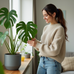 Jeune femme souriante prenant soin d'une plante monstera dans un salon lumineux