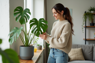 Jeune femme souriante prenant soin d'une plante monstera dans un salon lumineux