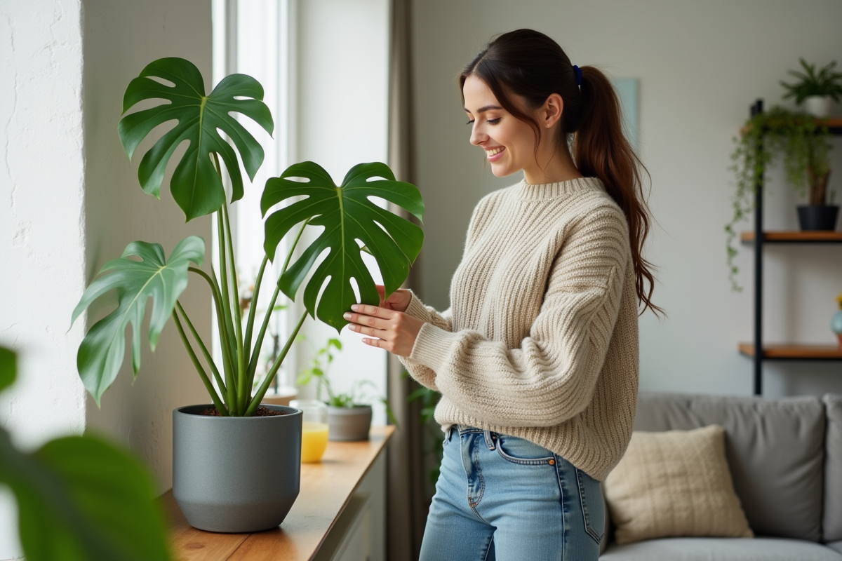 Jeune femme souriante prenant soin d'une plante monstera dans un salon lumineux
