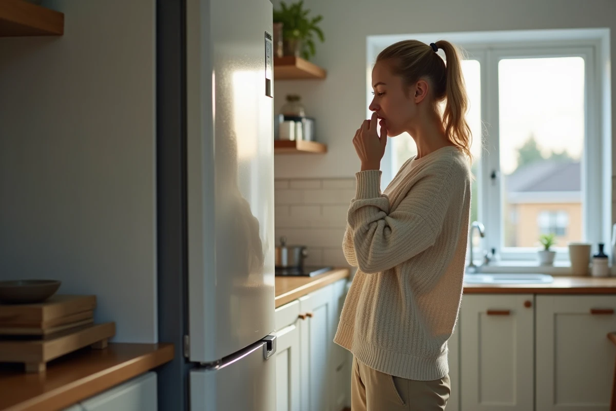 Jeune femme perplexe regardant le frigo dans la cuisine