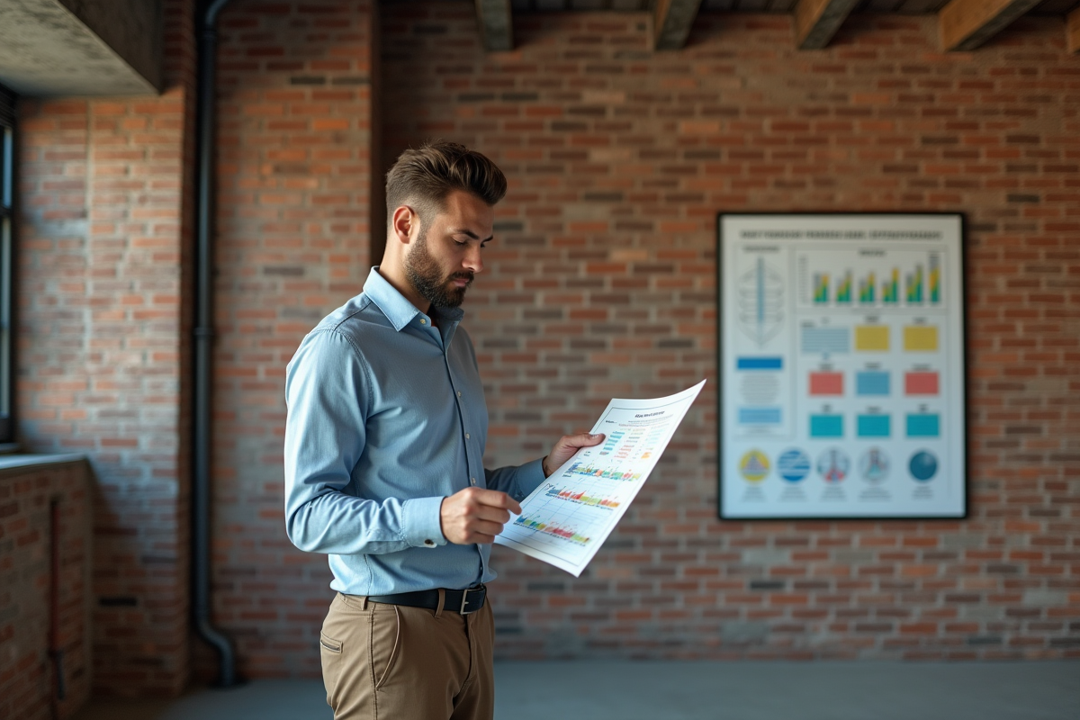 Jeune gestionnaire examinant un graphique DPE sur mur en briques