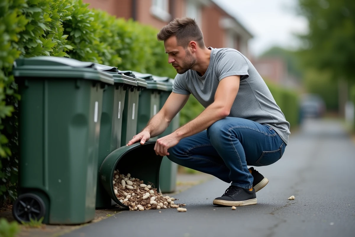 Jeune homme près des poubelles avec vers blancs dans la cour