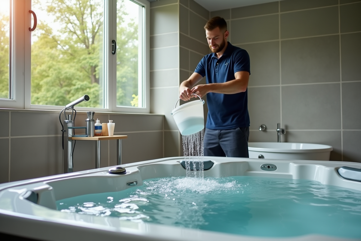 Homme remplissant un spa intérieur avec de l