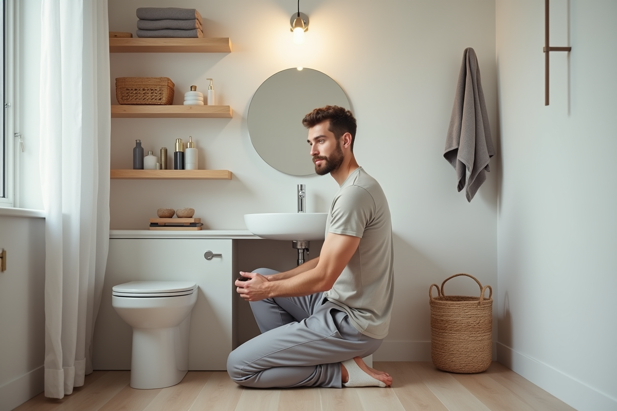 Jeune homme rangeant des produits sur des étagères dans une salle de bain rénovée