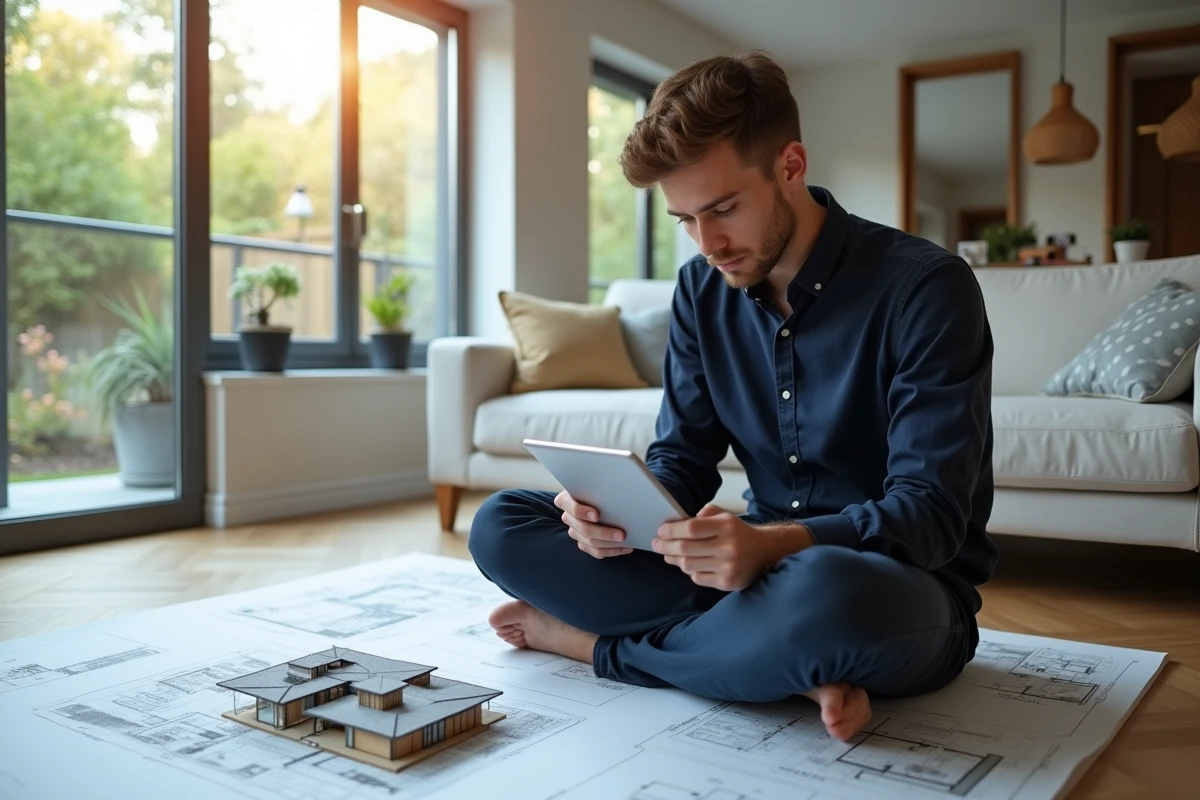 Jeune homme étudiant des plans 3D avec une tablette