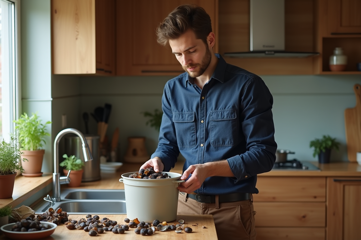 Jeune homme triant coquilles de moules dans la cuisine