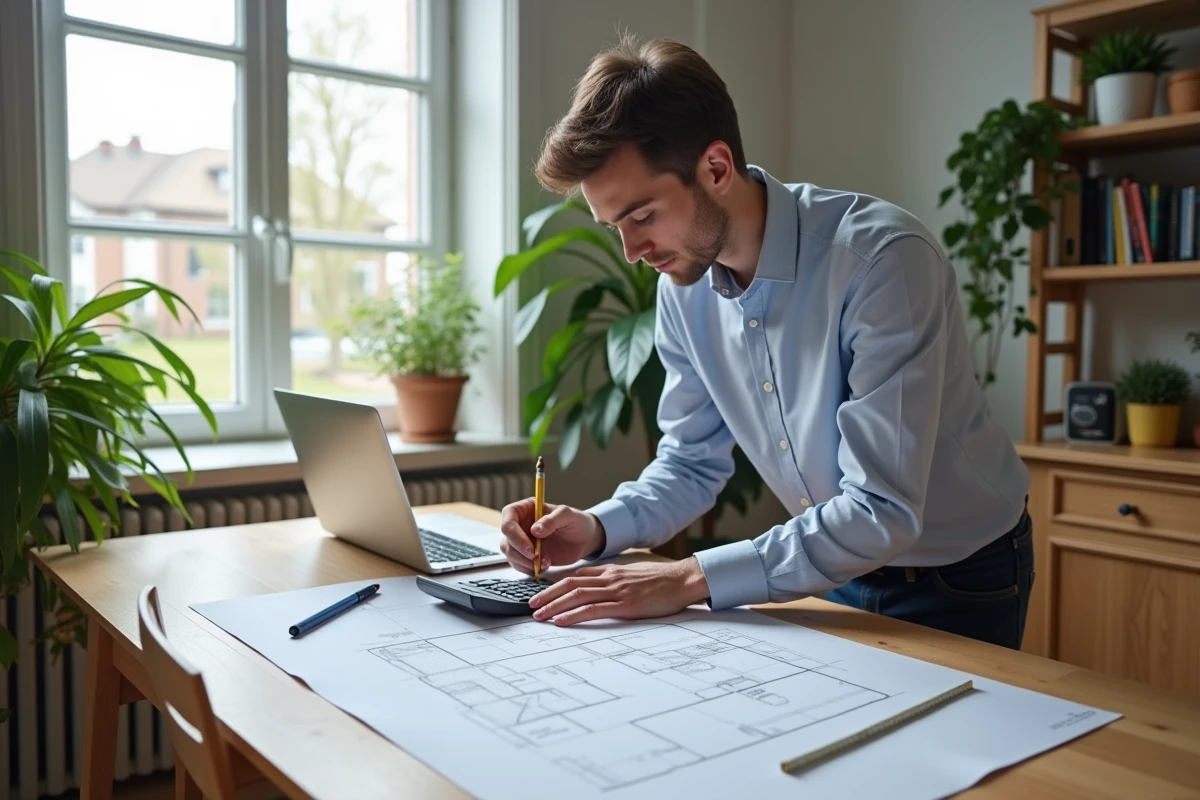 Jeune ingénieur mesurant une pièce dans un bureau lumineux
