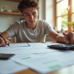 Jeune locataire vérifiant un contrat de location dans un appartement lumineux